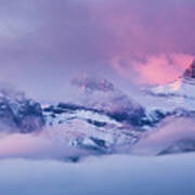 The Three Sisters Peaks At Sunrise, Canmore, Alberta, Canada Poster