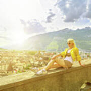 Tourist By Chur Sunset Skyline In Switzerland Poster