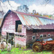 Tractor At The Sheep Farm Painting Poster