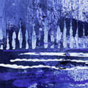 Trees On The Riverbank Blue White Abstract Painting Poster
