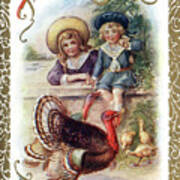 Two Children Sitting At Fence Watching A Turkey. Poster