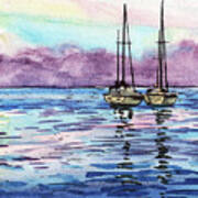 Two Sailboats Resting In The Ocean Purple Clouds Watercolor Beach Art Poster