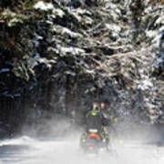 Two Snowmobiles Heading Down The Trail - Pittsburg, New Hampshire Poster