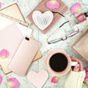 Ultra Feminine Pink Desk Workspace With Rose Gold Accessories Flatlay. Poster