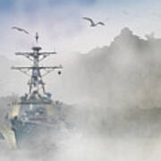 Us Naval Destroyer In Fog Mist Poster