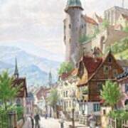 View Of A Town And Castle Near Some Mountains Dansk  Byparti Med Personer Pa Brolagt Gade  I Baggru Poster