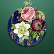 Vintage Anemone Rose Art In Gilded Marble On Dark Spring Green Poster