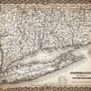 Vintage Map Connecticut New York And Rhode Island 1855 Sepia Poster