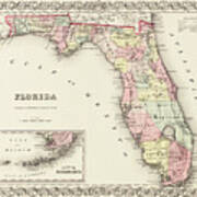 Vintage Map State Of Florida 1856 Poster