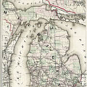Vintage Railroad Map Of Michigan 1876 Poster