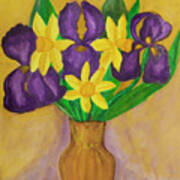 Violet Irises And Yellow Daffodiles In Vase Poster