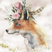 Watercolor Fox With Flowers And Gold Poster