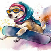 Watercolor Illustration Of A A Funny Dog With Scarf And Ski Gogg Poster