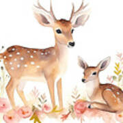 Watercolor Little Deer Baby And Mother Watercolour Bembi Cartoon Poster