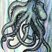 Watercolor Octopus Beach Art Teal Blue Sea Creature Poster