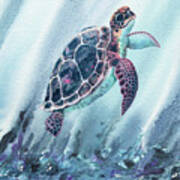 Watercolor Turtle In Deep Teal Blue Sea Poster