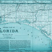 Western Florida Vintage Map 1890 Ocean Blue Poster