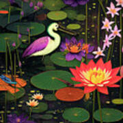 Wetland Magic Lily Pads Birds And Flowers Poster