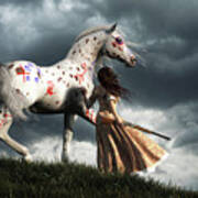 Wild West Woman And War Horse Watching A Storm Poster