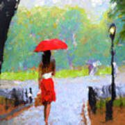 Woman With Red Umbrella Poster