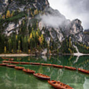 Wooden Boats On The Peaceful  Lake. Lago Di Braies, Italy Poster