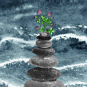Zen Rocks Cairn Meditative Tower Lucky Clover Flowers Watercolor Poster