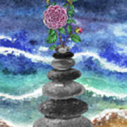 Zen Rocks Cairn Meditative Tower Pink Camellia Flower Watercolor Poster