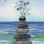 Zen Rocks Cairn Meditative Tower With Sweet Pea Flower Watercolor Poster