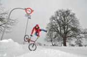 Bmx Flatland In The Snow - Monika Hinz Jumping Art Print