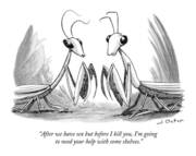 Two Praying Mantises Facing Each Other Art Print