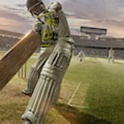 Cricket Batsman Hitting Ball During Cricket Match In Stadium #1 Art Print