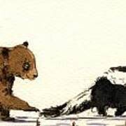 Cub Bear Playing With Skunk #1 Art Print