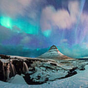 Panoramic View Of Kirkjufell Mountain With Aurora #1 Art Print