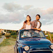 Young Couple Trip With Vintage Car #1 Art Print