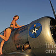 1940s Pin-up Girl Standing On The Wing Art Print