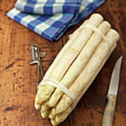 A Bunch Of White Asparagus On A Wooden Art Print