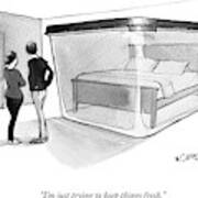 A Couple Looks At A Bed Encased In A Giant Art Print
