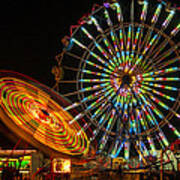 Colorful Carnival Ferris Wheel Ride At Night Art Print