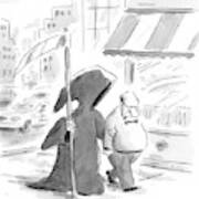 A Man Walks Down The Street With The Grim Reaper Art Print