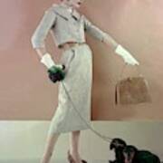 A Model Wearing A Tweed Jacket And Skirt Art Print