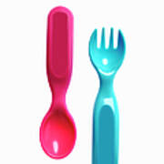 A Pink Plastic Baby Spoon And A Blue Art Print
