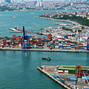 Aerial View Of Container Port And Ship Art Print