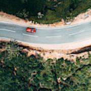 Aerial View On Red Car On The Road Near Tea Plantation Art Print