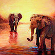 African Elephants At Sunset In The Serengeti Art Print