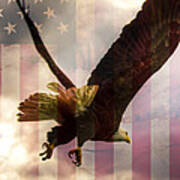 American Bald Eagle In Flight Wtih Flag Art Print