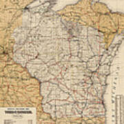 Antique Railroad Map Of Wisconsin - 1900 Art Print