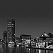 Baltimore Harbor Skyline Twilight Panorama Bw Art Print