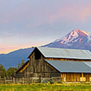 Barn And Mount Shasta At Sunset Art Print