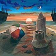Beach Ball Sand Castle At Sunset Art Print
