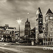 Bexar County Courthouse And Tower Life Building Main Plaza In Bw Monochrome - San Antonio Texas Art Print